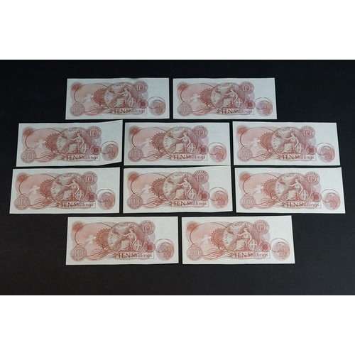 55 - A collection of ten Bank of England Ten Shillings uncirulated banknotes to include a eight note numb... 