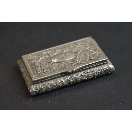 535 - Chinese silver snuff box, the hinged lid with cast Chinese woodland scene depicting Elders playing b... 