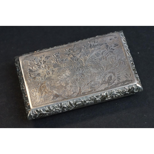 535 - Chinese silver snuff box, the hinged lid with cast Chinese woodland scene depicting Elders playing b... 