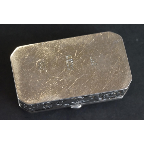 539 - Continental silver pill box, repoussé idyllic Shepherd and Shepherdess scene to the hinged lid, the ... 