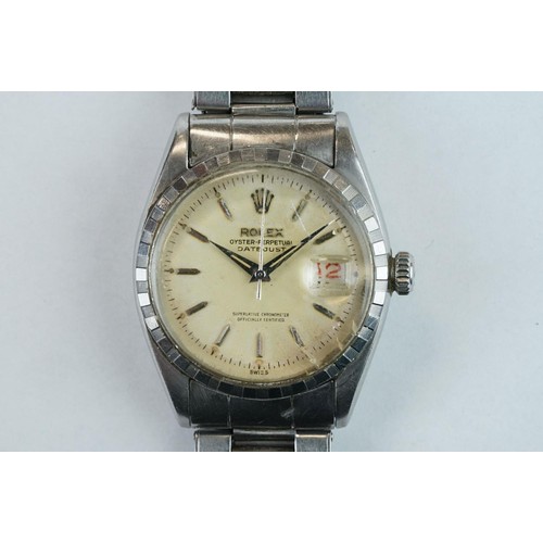 367 - Rolex Oyster-Perpetual Datejust gents 1958 stainless steel wristwatch, with baton hour markers, date... 