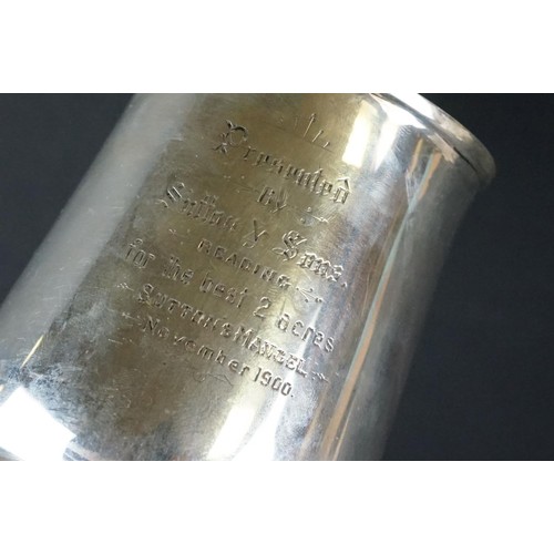 514 - Edward VII silver tankard with engraved banding decoration and presentation inscription to front, Sh... 