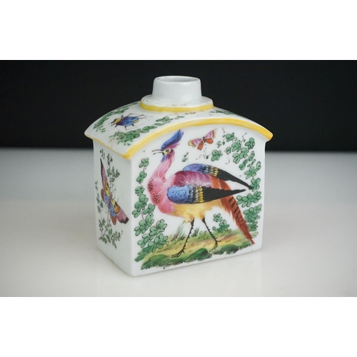 2 - Chelsea ' gold anchor ' type porcelain tea caddy, decorated with exotic birds, approx. 12cm