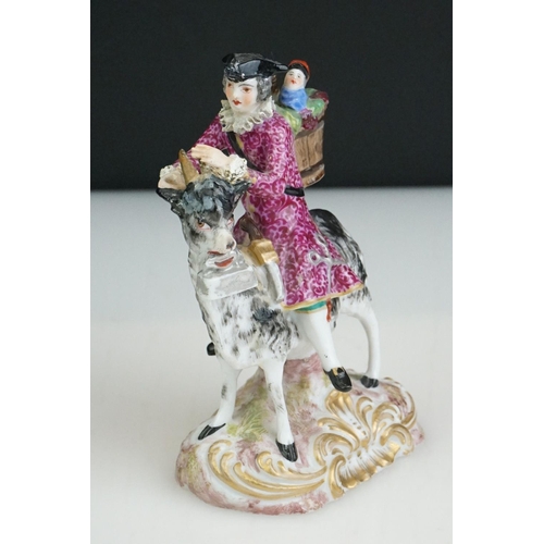 4 - 19th Century Dresden porcelain figure of a tailor riding a Billy goat with gilt scrolling decoration... 