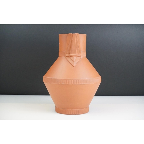 12 - Late 19th Century Watcombe Pottery terracotta jug of angular form with three serrated bands, attribu... 