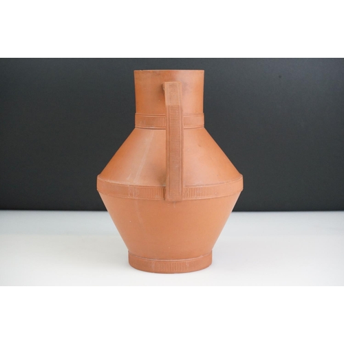 12 - Late 19th Century Watcombe Pottery terracotta jug of angular form with three serrated bands, attribu... 