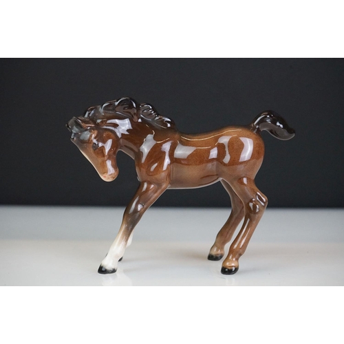 31 - Five Beswick horse figures to include a brown gloss shire horse with saddle, reins and harness (with... 