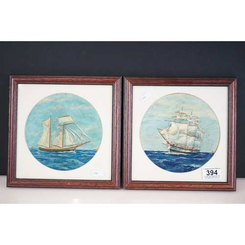 394 - Pair of Circular Oil Paintings of Sailing Boats, 16cm diameter, framed and glazed