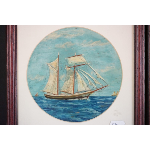 394 - Pair of Circular Oil Paintings of Sailing Boats, 16cm diameter, framed and glazed