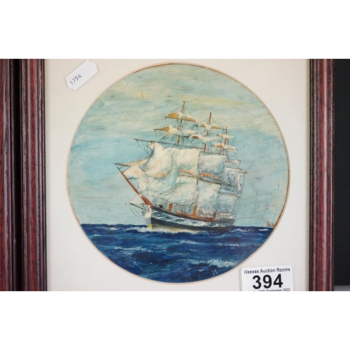 394 - Pair of Circular Oil Paintings of Sailing Boats, 16cm diameter, framed and glazed