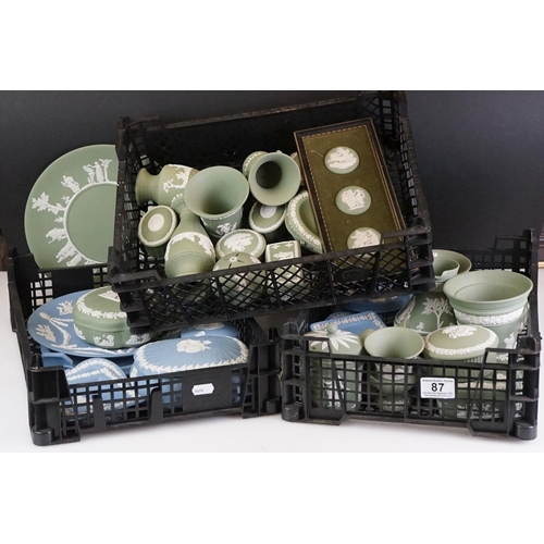 87 - Collection of around 35 items of Wedgwood Jasperware, featuring pale blue and green examples, to inc... 