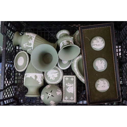 87 - Collection of around 35 items of Wedgwood Jasperware, featuring pale blue and green examples, to inc... 