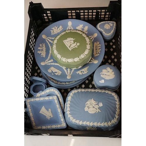 87 - Collection of around 35 items of Wedgwood Jasperware, featuring pale blue and green examples, to inc... 