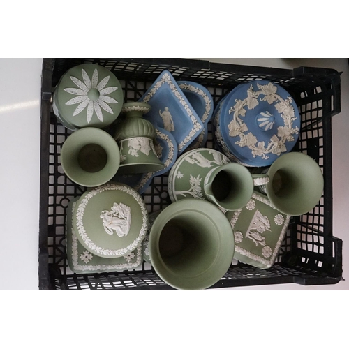 87 - Collection of around 35 items of Wedgwood Jasperware, featuring pale blue and green examples, to inc... 