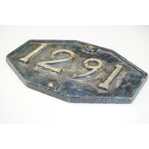 98 - Railway interest - Cast iron octagonal 1291 numbered sign, possibly from a railway bridge, approx 30... 