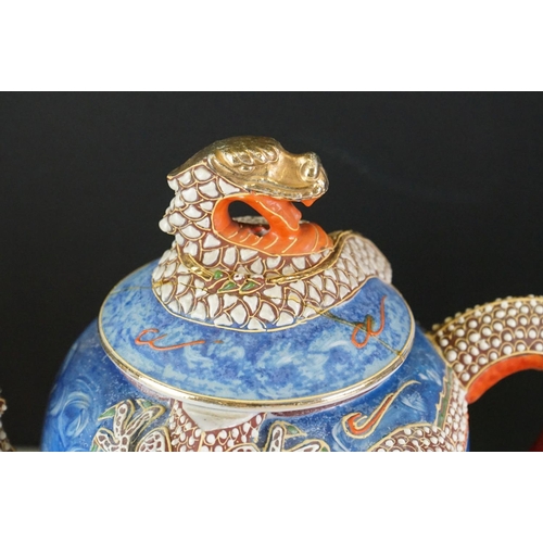 44 - Vintage Japanese moriage hand-painted dragon Kutani tea ware to include 2 lidded teapots (one lid a/... 