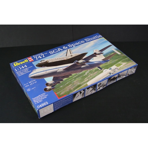 271 - Two Boxed & unbuilt Revell 1:144 space shuttle plastic model kits to include 04863 Boeing 747 SCA & ... 