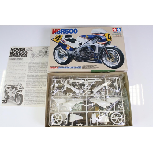 274 - Four boxed Tamiya plastic model motorbike kits to include 14055 Honda NSR500 Grand Prix Racer, 14054... 