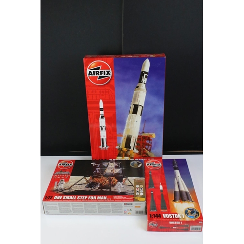 277 - Three Boxed & unbuilt Airfix space-related plastic model kits, to include Saturn V Skylab 1:144 scal... 