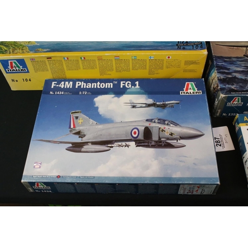 287 - Seven Boxed & unbuilt Italeri plastic model kits to include 3 x aircraft (1352 1:72 Sunderland Mk. I... 