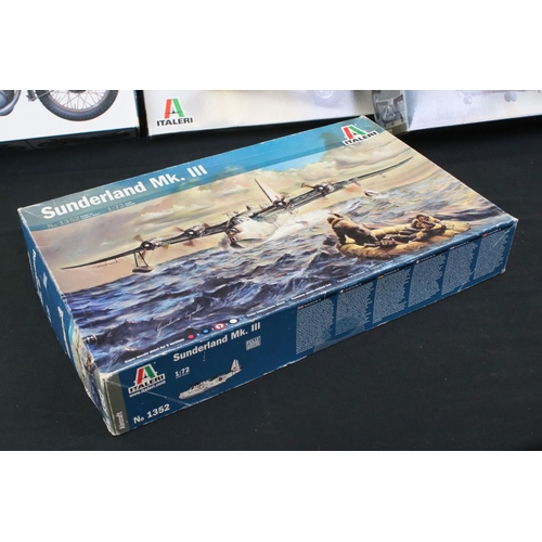 287 - Seven Boxed & unbuilt Italeri plastic model kits to include 3 x aircraft (1352 1:72 Sunderland Mk. I... 