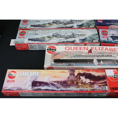 296 - 13 Boxed & unbuilt Airfix 1:600 plastic model ship kits, to include 11 x Vintage Classics (3 x A0420... 