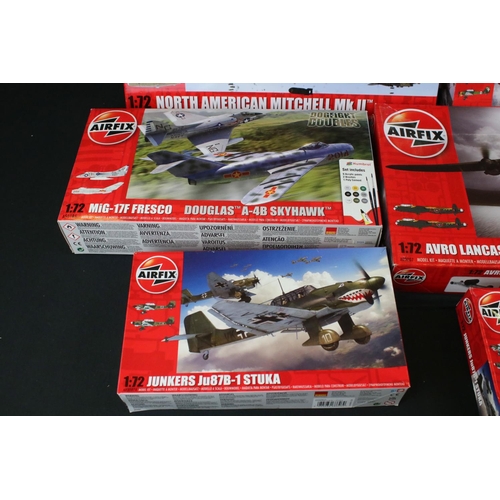 298 - 12 Boxed & unbuilt Airfix 1:72 plastic model plane kits to include A12011 Avro Vulcan (tear to box),... 