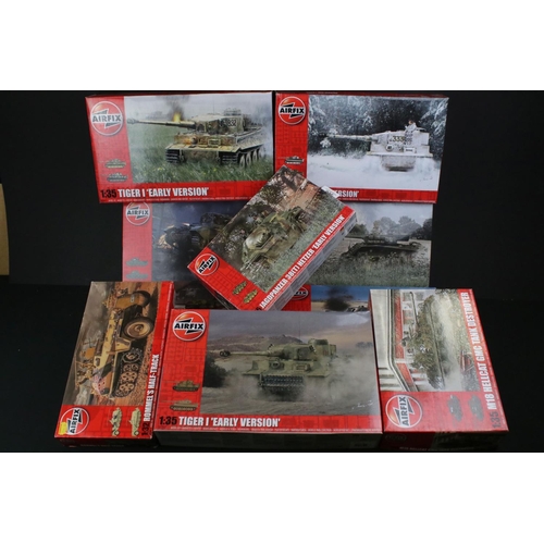 300 - Nine Boxed & unbuilt Airfix 1:35 plastic tank model kits to include A1370 M3 Grant, A1363 Tiger I 'E... 