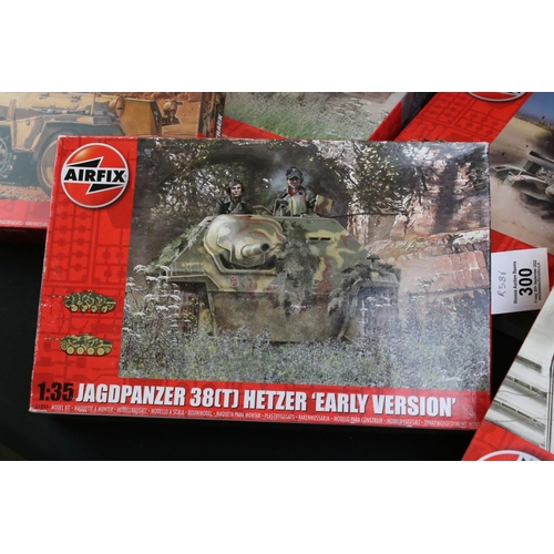 300 - Nine Boxed & unbuilt Airfix 1:35 plastic tank model kits to include A1370 M3 Grant, A1363 Tiger I 'E... 