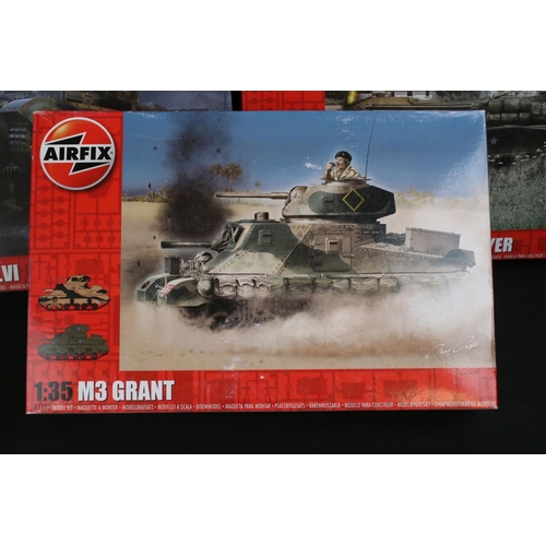 300 - Nine Boxed & unbuilt Airfix 1:35 plastic tank model kits to include A1370 M3 Grant, A1363 Tiger I 'E... 