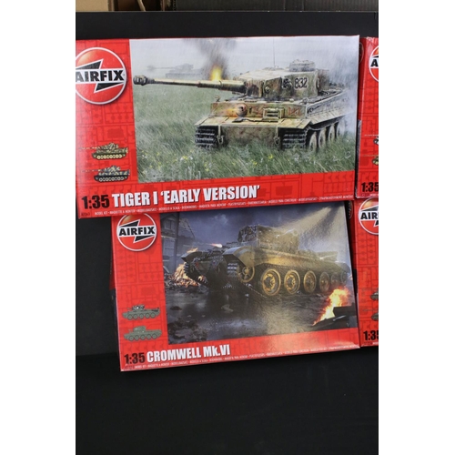 300 - Nine Boxed & unbuilt Airfix 1:35 plastic tank model kits to include A1370 M3 Grant, A1363 Tiger I 'E... 