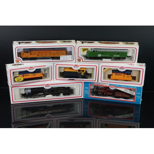 15 - Seven  Model Power HO gauge locomotives to include Santa Fe, PRR, B&O, Union Pacific and Burlington ... 