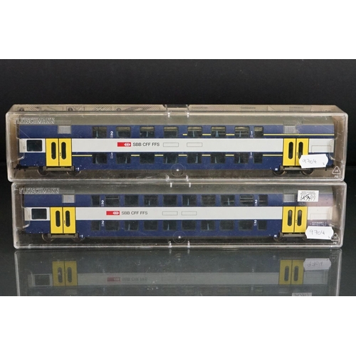 100 - Two cased Fleischmann OO gauge SBB CFF FFS double decker coaches to include 5133 & 5134