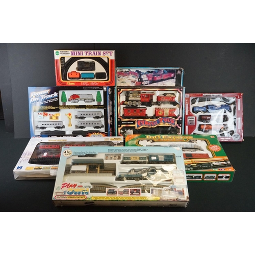 139 - Seven boxed train sets to include Echo Battery Operated Mini Train Set, Maisto Power On Track, New R... 