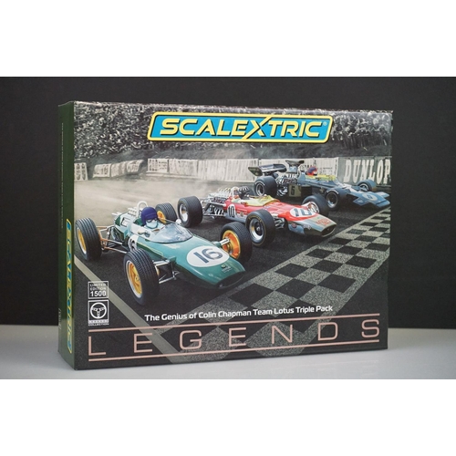 1039 - Boxed ltd edn Scalextric Legends C4184A The Genius of Colin Chapman Team Lotus Triple Pack slot car ... 