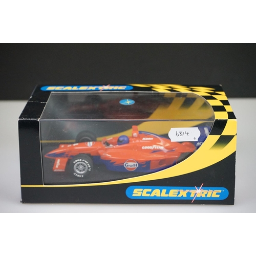 1044 - Six cased / boxed Scalextric slot cars to include C2516 Dallara Indy Mobil 1 No5, C2517 Gulf No 4, C... 