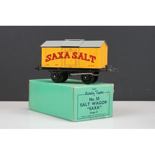 246 - Five boxed Hornby O gauge items of rolling stock to include No 50 Salt Wagon Saxa, No 50 Side Tippin... 