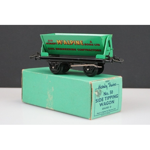 246 - Five boxed Hornby O gauge items of rolling stock to include No 50 Salt Wagon Saxa, No 50 Side Tippin... 