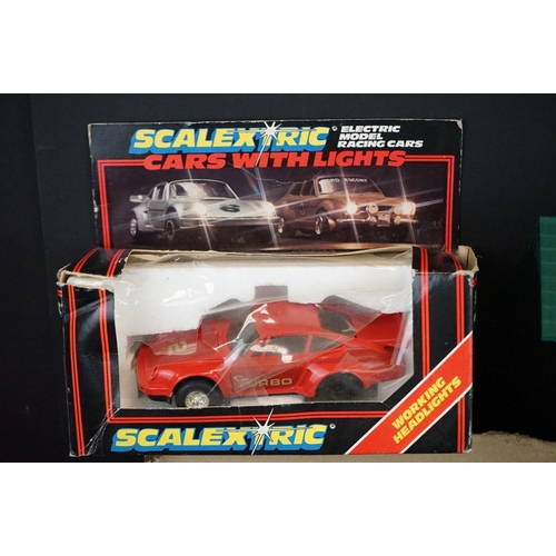 1201 - Collection of Scalextric to include boxed Scalextric C363 Porsche in red (tatty box), slot car shell... 