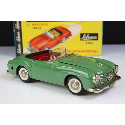 1261 - Original boxed Schuco 5503 Elektro Phanomenal Mercedes 190 SL tin plate car in green with red interi... 