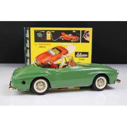 1261 - Original boxed Schuco 5503 Elektro Phanomenal Mercedes 190 SL tin plate car in green with red interi... 