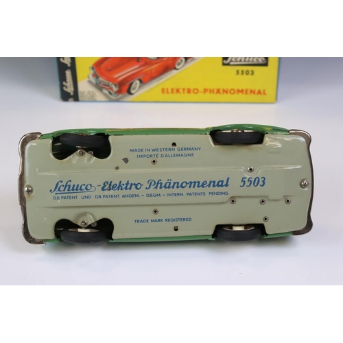 1261 - Original boxed Schuco 5503 Elektro Phanomenal Mercedes 190 SL tin plate car in green with red interi... 