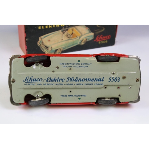 1262 - Original boxed Schuco 5503 Elektro Phanomenal tin plate car in red complete with 6 x wooden pegs, re... 