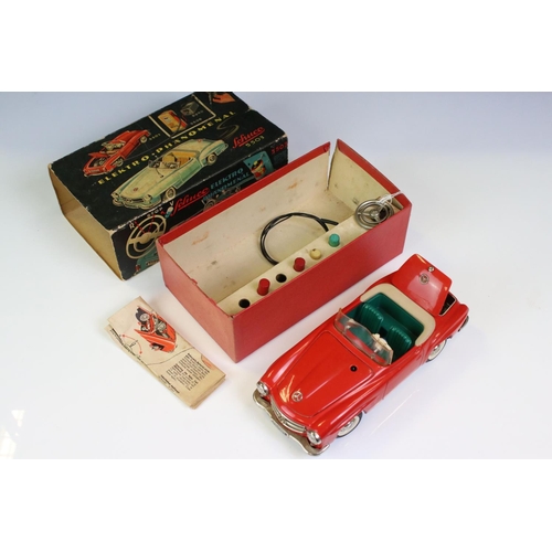 1262 - Original boxed Schuco 5503 Elektro Phanomenal tin plate car in red complete with 6 x wooden pegs, re... 