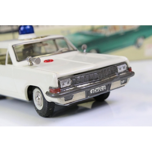 1263 - Boxed Schuco Alarm-Car 5340 Opel Admiral tin plate Police car in white, with aerial, blue light and ... 