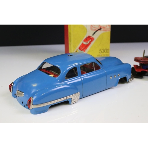 1268 - Boxed Schuco 5301 Fernlenkauto Ingenico tin plate clockwork car in blue, chassis loose from body, wi... 