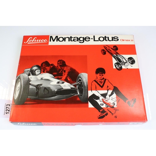 1273 - Boxed Schuco Montage Lotus Climax 33 tin plate clockwork kit set, complete with instructions, vg