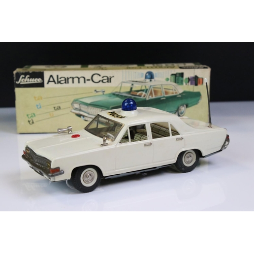 1275 - Boxed Schuco Alarm-Car 5340 Opel Admiral tin plate Police car in white, with aerial, blue light and ... 