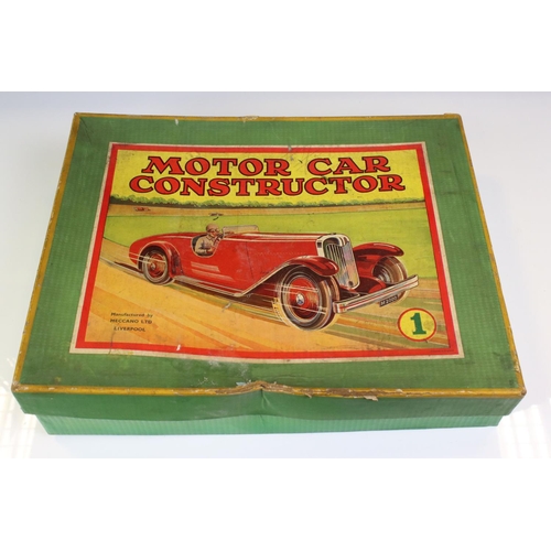 1279 - Boxed part complete Meccano Constructor Set 1 in red & blue with instructions, present pieces and ac... 