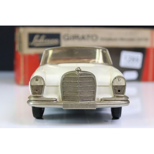 1289 - Boxed Schuco 4000 Girato Schaltauto Mercedes 250 SE in white, broken mascot, otherwise gd, tatty box... 